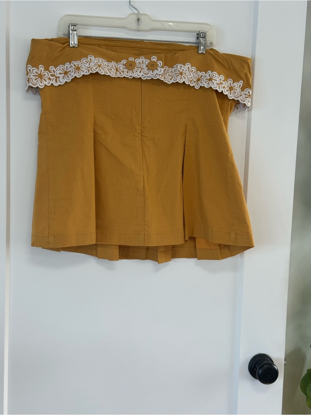 Women’s Mustard Yellow Off-Shoulder Top with embroidered Floral Trim. Matching p